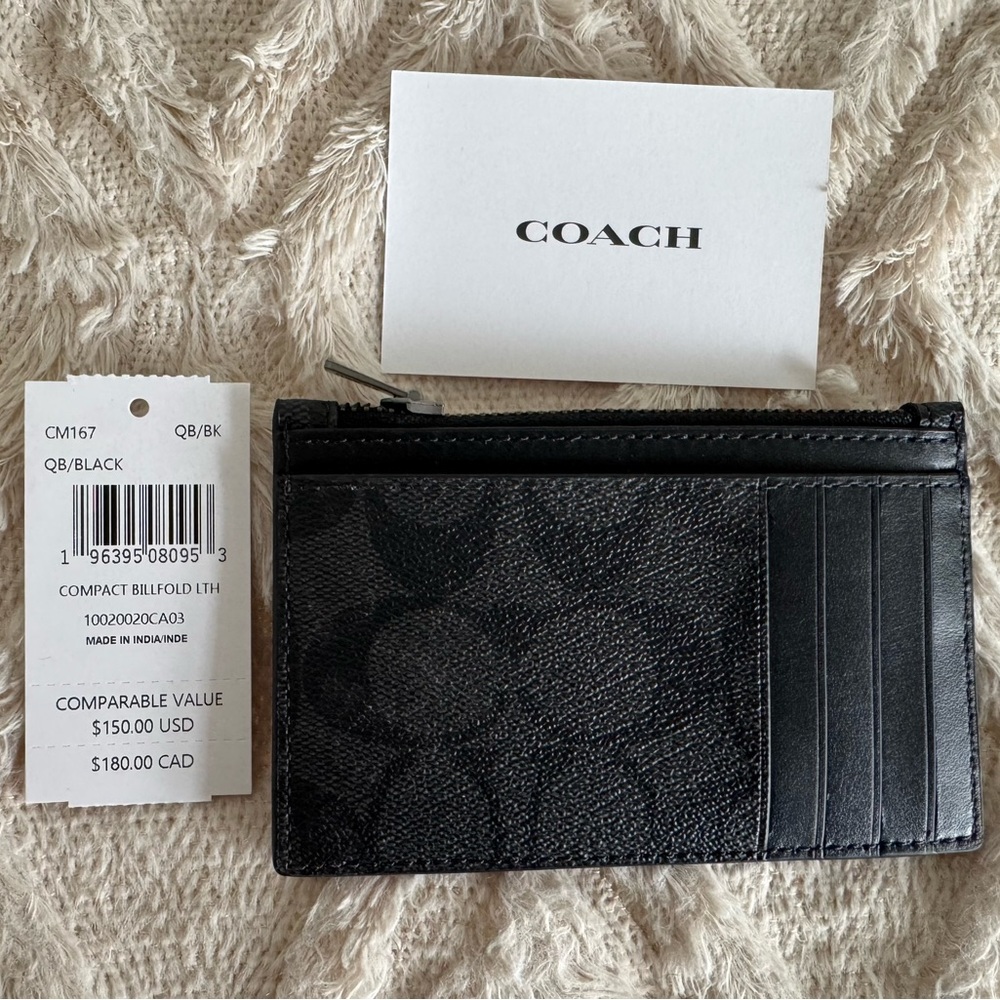Coach Black Compact Billfold Card Case with Zip